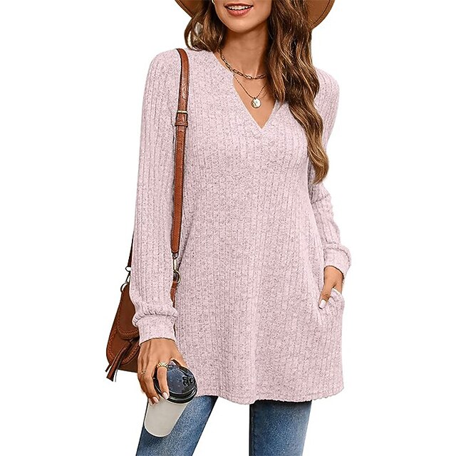 Women's Shirt Blouse Fashion Pocket Long Sleeve Long Tops V Neck Casual Black Pink Army Green Red Dusty Blue Spring & Fall 38