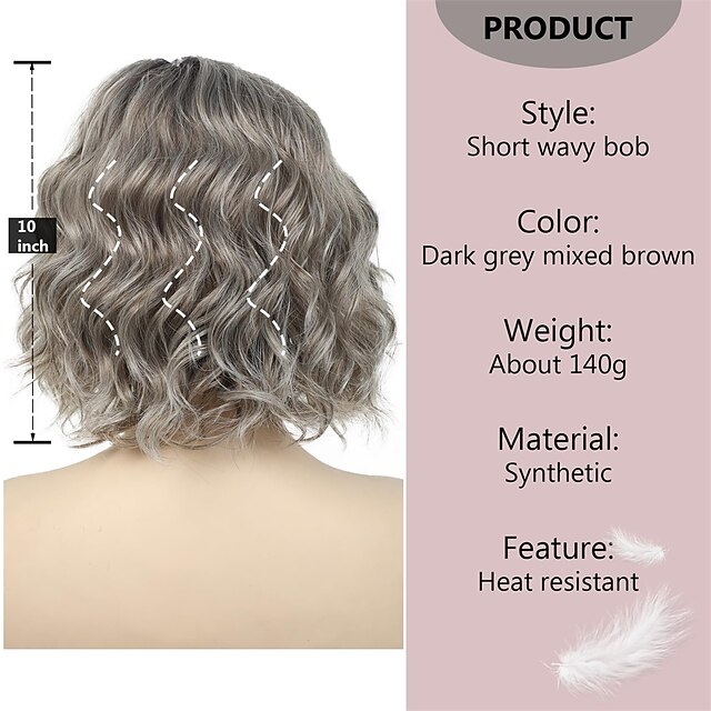 Short Wavy Wig Ombre Grey Mixed Brown Curly Bob Wigs for Women Chin ...