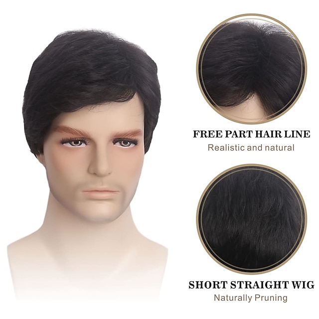 Mens Short Black Wigs Layer Wavy Wigs for Men Natural Synthetic Hair ...