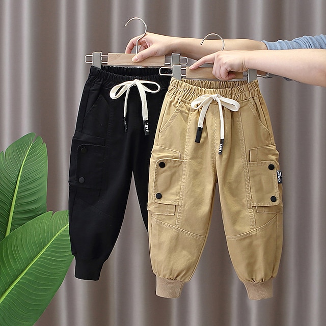  Kids Boys Pants Trousers Pocket Solid Color Comfort Pants School Cotton Fashion Cool Black Khaki Mid Waist