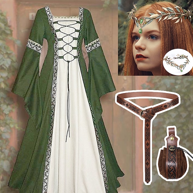  Комплект с ирландским платьем, повязка на голову со стразами, викинг, поясная сумка из искусственной кожи, 4 шт., средневековый Ренессанс, ретро, винтажная корона, наряды больших размеров, женский