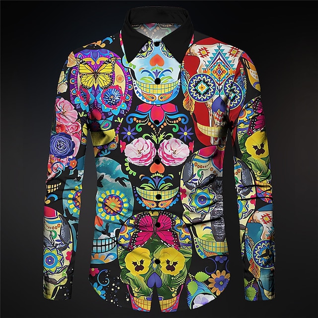  Men's Skull Geometric Pattern Shirt Button Up Shirt Long Sleeve Abstract Gothic Carnival Daily Wear Going out Fall & Winter Turndown Print Button-Down Red Blue Purple Green Light Grey
