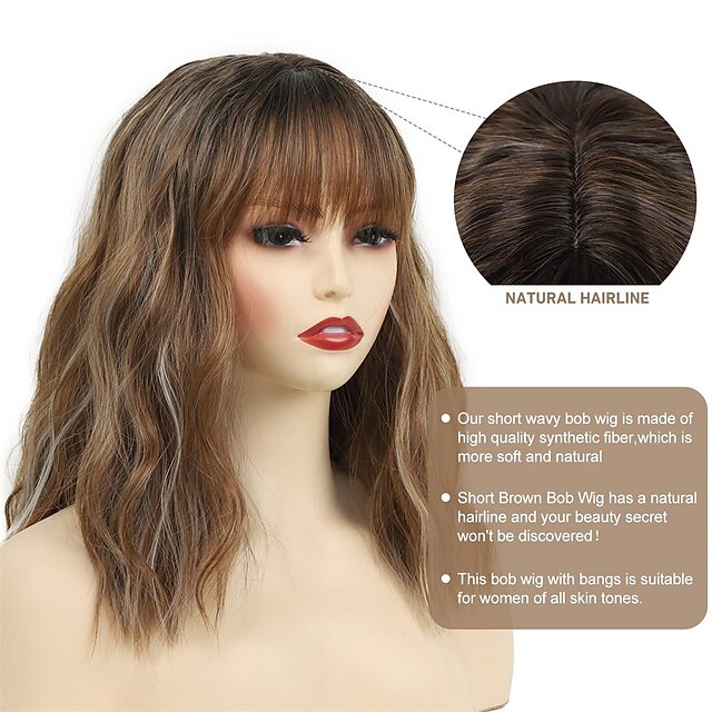 Short Brown Bob Wigs with Bangs Medium Length Brown Mixed Blonde Wigs ...