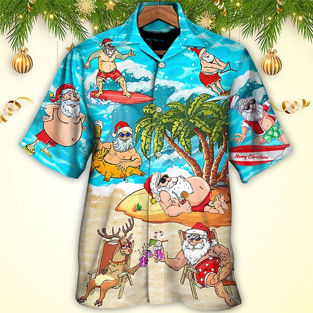 Christmas Men's Santa Claus Printed Shirts Santa Claus Tree Hawaiian Casual Outdoor Street Fall Turndown Short Sleeve Blue S M L Shirt3