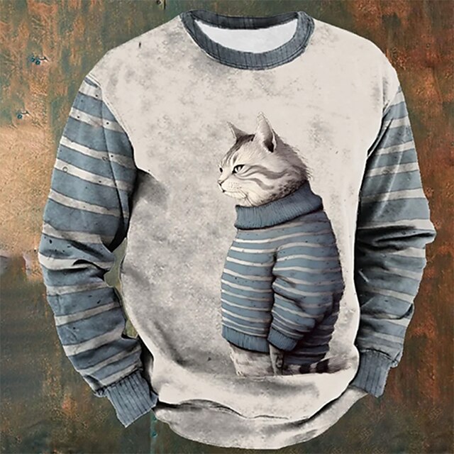  Men's Graphic Animal Cat Sweatshirts Golf Pullover Sweatshirt Long Sleeve Sweatshirt Crew Neck Daily Casual Vintage Retro 3D Print Vacation Holiday Going out Print Spring &  Fall