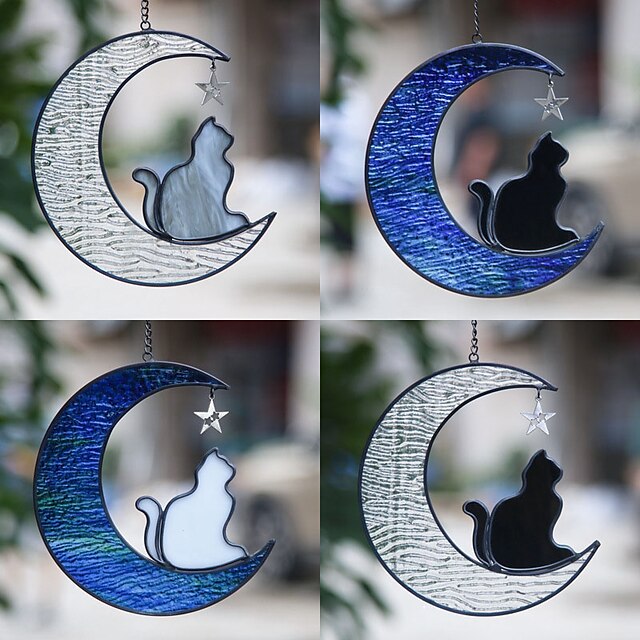  1pc Moon Star Cat Creative Colorful Water Print Glass Window Pendant Pet Cat Memorial Pendant Holiday Gift