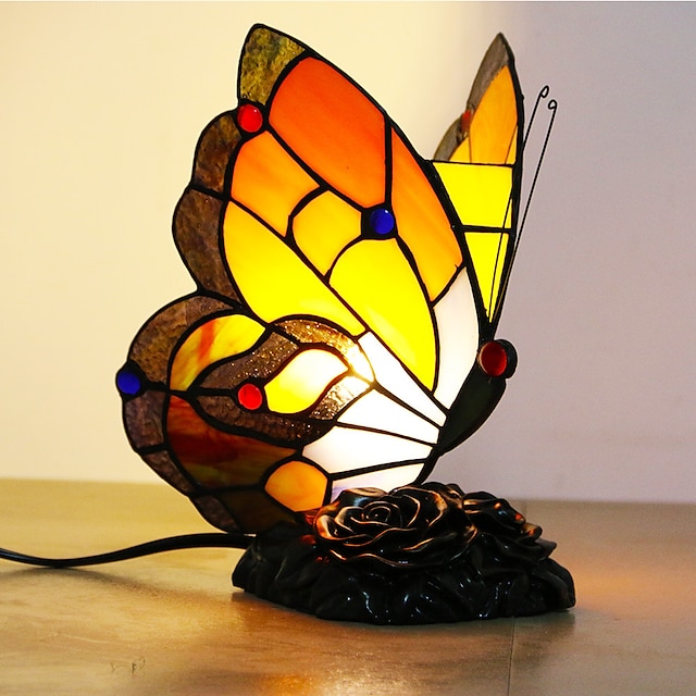  Lámpara de mesa de vidrieras de mariposa, lámpara de mesa de estilo retro, luz nocturna perfecta para regalo de inauguración de la casa