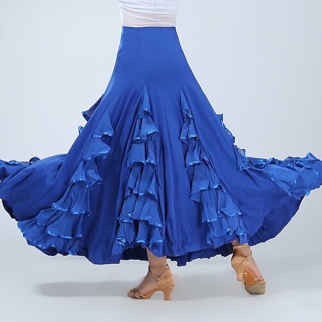  ריקודים סלוניים חצאיות קפלים צבע טהור שחבור בגדי ריקוד נשים הצגה הדרכה גבוה ספנדקס