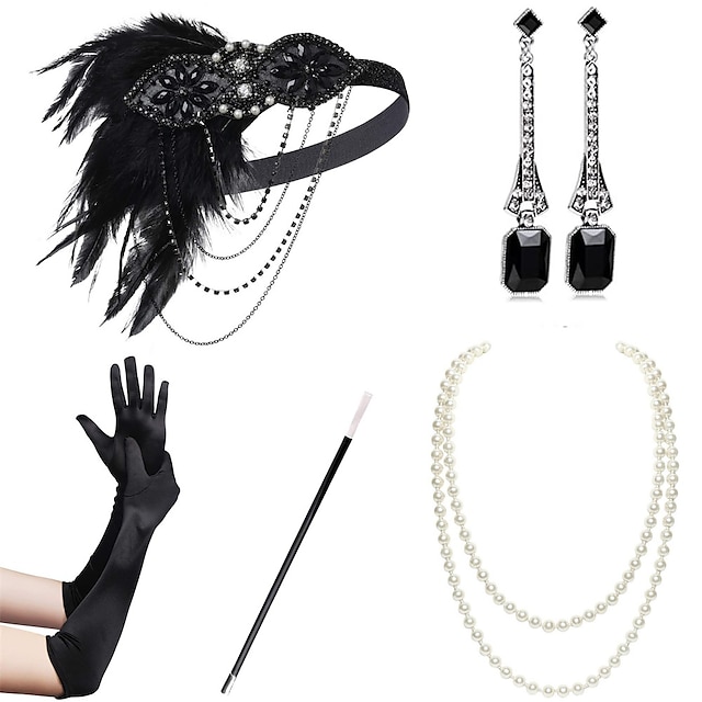  Accesorios flapper de los años 20, conjunto de accesorios de disfraz de gatsby para mujer, tocado de los años 20, collar de perlas, soporte para guantes