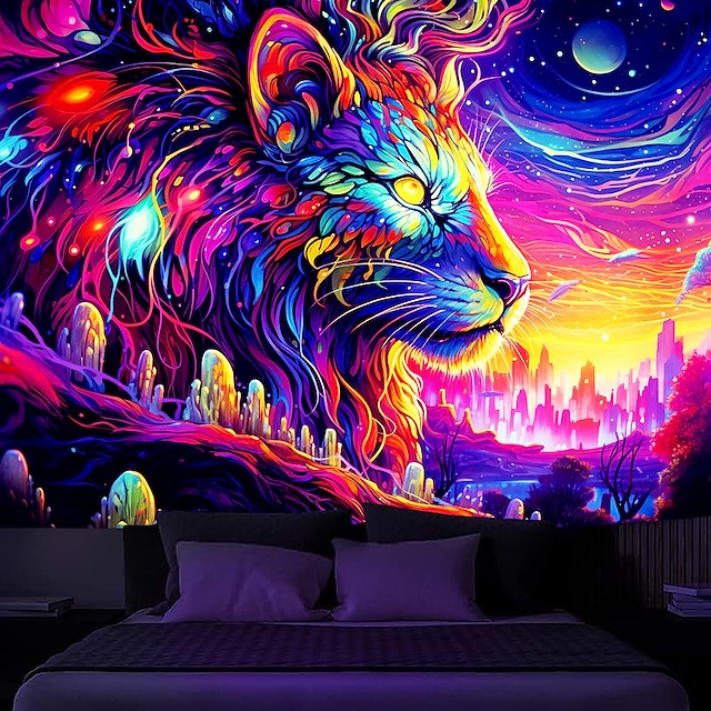  blacklight kuvakudos uv reaktiivinen hehku pimeässä metsässä leijona trippy sumuinen luontomaisema riippuva kuvakudos seinämaalaus olohuoneeseen makuuhuoneeseen