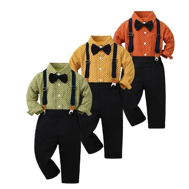  2 elementy Dzieci Dla chłopców Koszula i spodnie Strój Jednokolorowe Graficzny Długi rękaw Guzik Bawełna Ustawić Formalny Moda Wiosna Jesień 7-13 lat Żółty Pomarańczowy Zielony