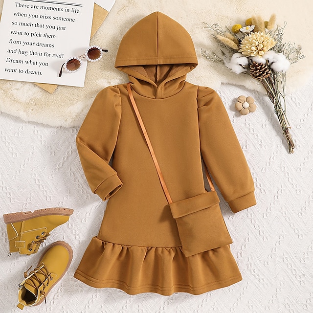  Kids Girls' Dress Solid Color Long Sleeve Casual Adorable Daily Polyester Midi Casual Dress Spring Fall Winter 3-7 Years Khaki