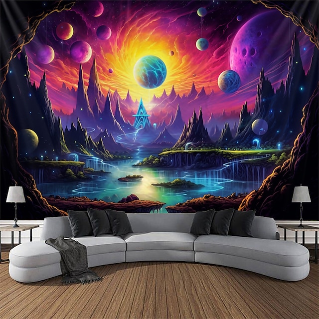  Tapisserie à lumière noire, réactive aux UV, lueur dans le noir, lune brumeuse, paysage naturel, tapisserie suspendue, art mural pour salon, chambre à coucher