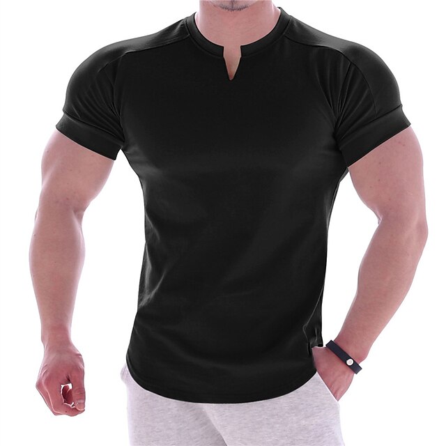 男性用 Tシャツ ジムシャツ コンプレッション・シャツ トレーニングシャツ Ｖネック 半袖 訓練 ストリート フィットネス カジュアル／普段着 ジム用 速乾性 高いストレッチ性 吸汗性 ソフト 平織り ブラック ホワイト アクティブウェア スポーツ ベーシック