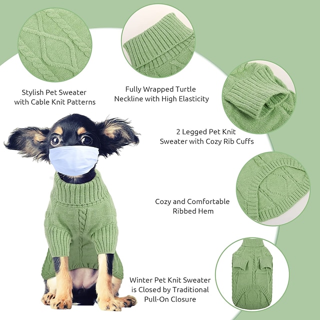  Suéter pulôver para cachorro pequeno, malha com cabo para clima frio, gola alta clássica, roupas quentes e grossas para chihuahua bulldog dachshund pug yorkie