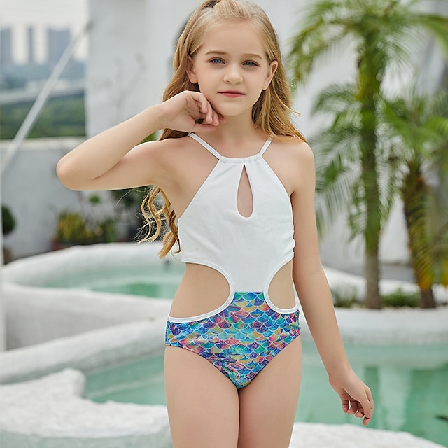  Infantil Para Meninas roupa de banho Ao ar livre Gráfico Ativo Fatos de banho 7-13 anos Verão Branco