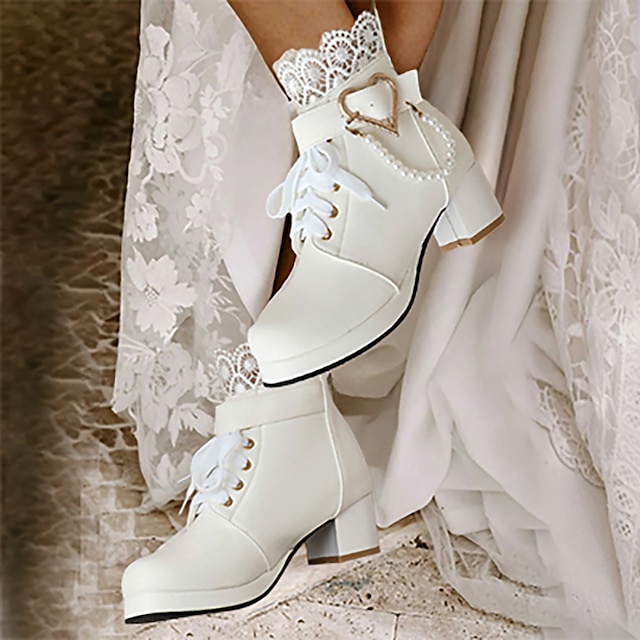  Women's Wedding Shoes Boots Plus Size Heel Boots Wedding Party Outdoor Solid Color Booties Ankle Boots Winter Imitation Pearl Buckle Chunky Heel Round Toe Elegant Fashion Sexy Lace Faux Leather Zipper