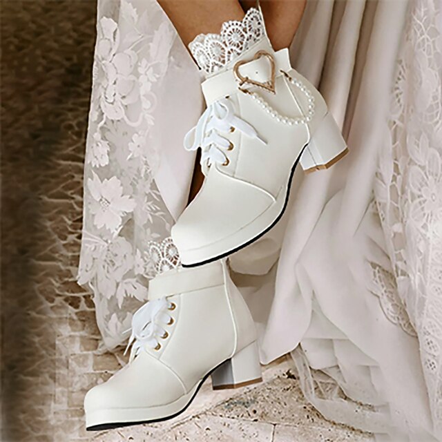 Women's White Bridal Ankle Boots – Lace-Up Wedding Shoes with Heart and Pearl Decoration, Chunky Heel for Vintage-Inspired Brides 18
