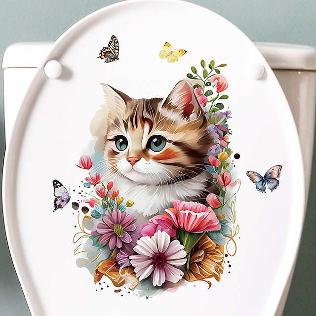  toalettdekal med katteblomster, dekorative klistremerker for vannklosett på badet, husholdnings-diy-dekal, avtagbare veggklistremerker på badet