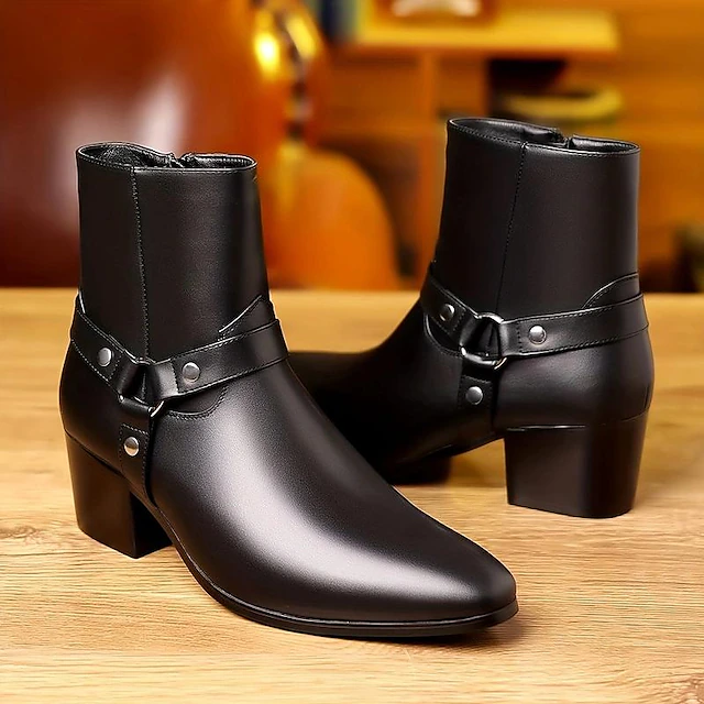 Men's Black Faux Leather Motorcycle Boots with Strap and Buckle Detail - Stylish Mid-Calf Ankle Boots 11