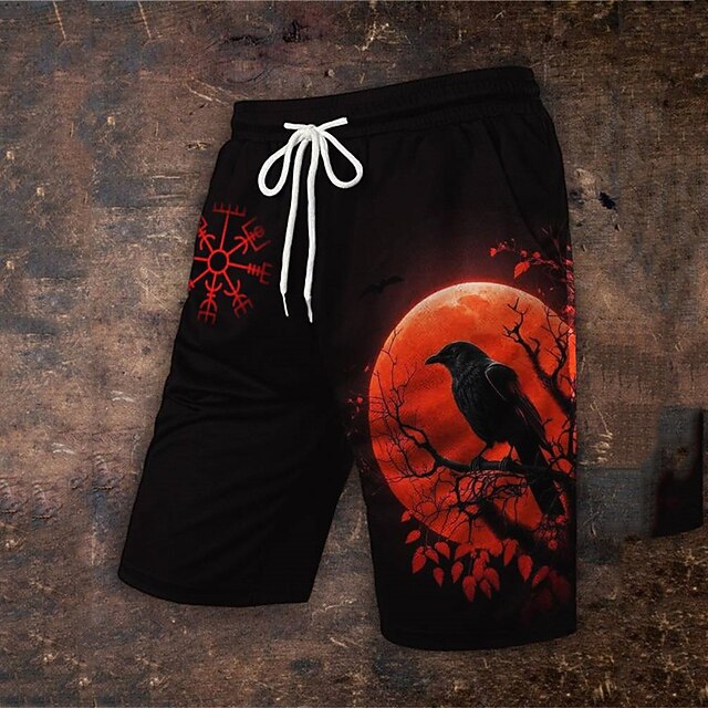 Men's Graphic Spooky Moon Crow Swim Trunks Swim Shorts Board Shorts Mid Waist Hawaiian Casual Outdoor Holiday Beach Drawstring with Mesh lining Elastic Waist Designer Clothing Apparel2