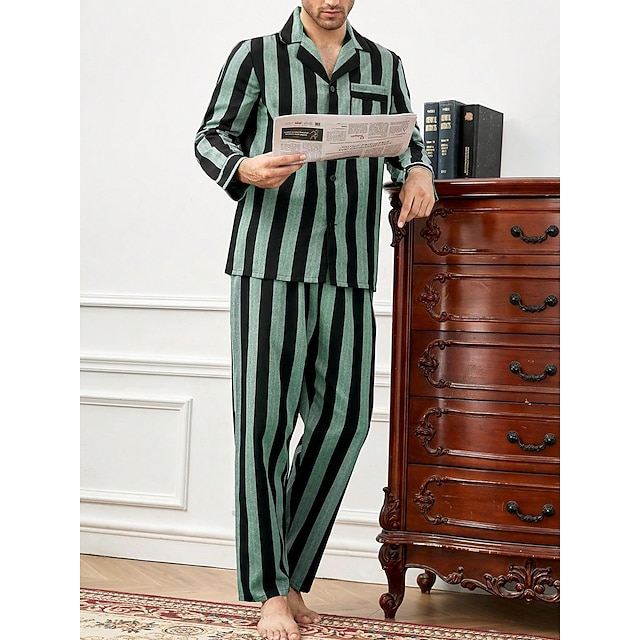  Hombre Ropa de salón Pijama Conjunto pijama Top y pantalón de pijama 2 Piezas Raya Elegante Casual Confort Hogar Diario Algodón Comodidad Diseño Manga Larga Camisa Pantalón Correa Cintura elástica