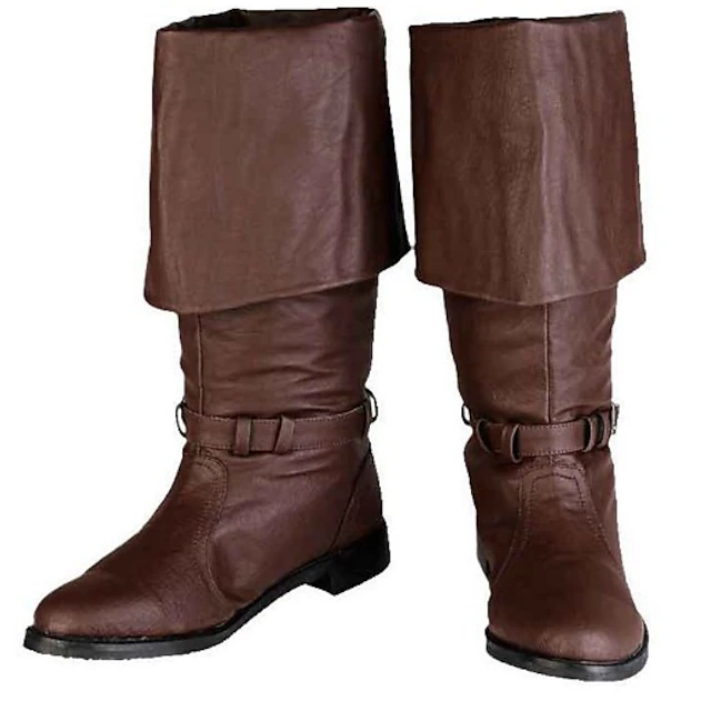 Men's Brown Faux Leather Pirate Boots – Fold-Over Cuff Design with Buckle Accents, Perfect for Costumes, Renaissance Fairs, and Themed Events4