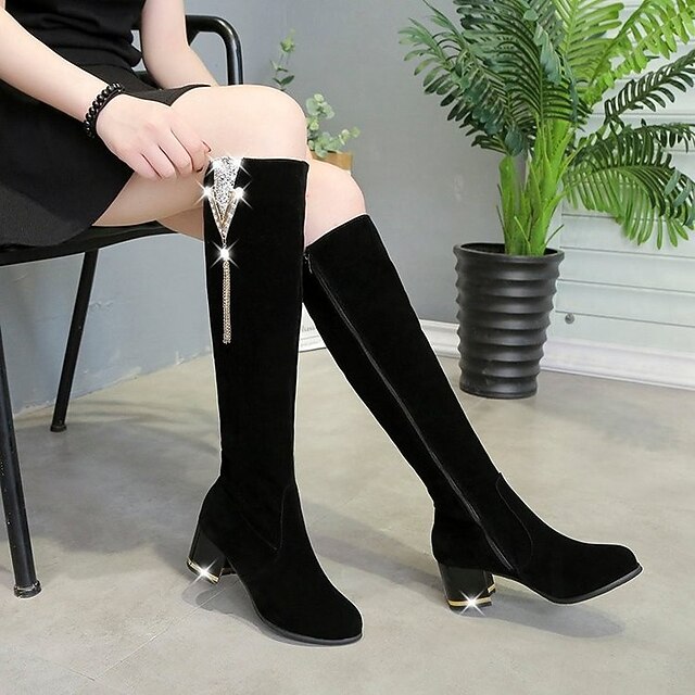 Women's Knee-High Black Faux Suede Boots with Rhinestone Tassel Decor and Chunky Heels – Elegant Fashion Boots for Autumn and Winter 6