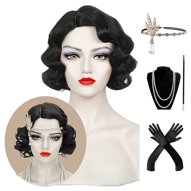  hullám paróka női fekete 1920-as évek vintage flapper paróka hölgy rockabilly rövid göndör paróka halloween party cosplay jelmez szintetikus haj