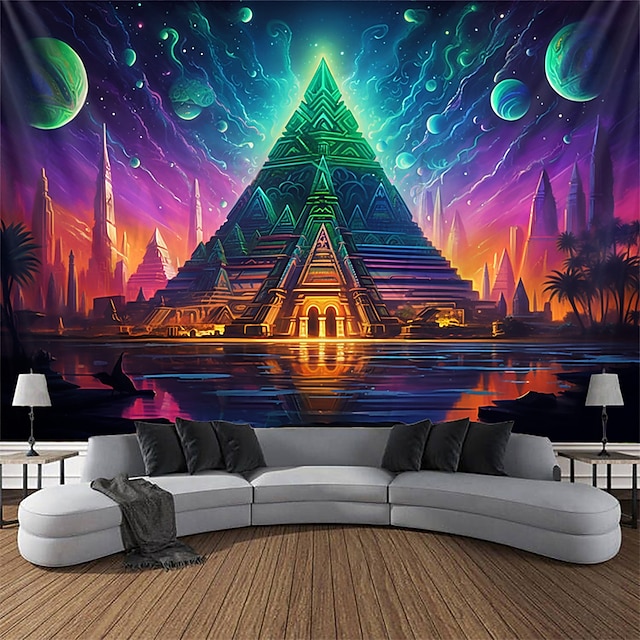  Blacklight Tapestry UV Reactive Glow in the Dark Glow Party Neon Trippy Misty Pyramid Egypt Hanging Tapestry Wall Art Mural for Living Room Bedroom