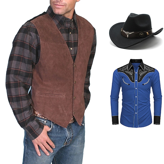  Set with Suede Vest Cowboy Hat West Shirt 3 PCS Outfits Men's Retro Vintage 18th Century 19th Century State of Texas Cosplay Costume Casual Daily Fall Winter