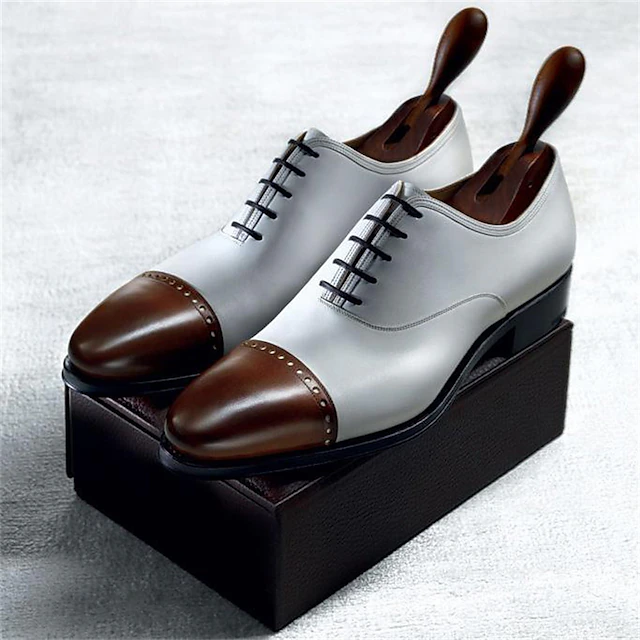Men's Two-Tone Cap Toe Oxford Dress Shoes – Elegant Faux Leather Lace-Up Formal Footwear for Weddings, Business, and Evening Events4
