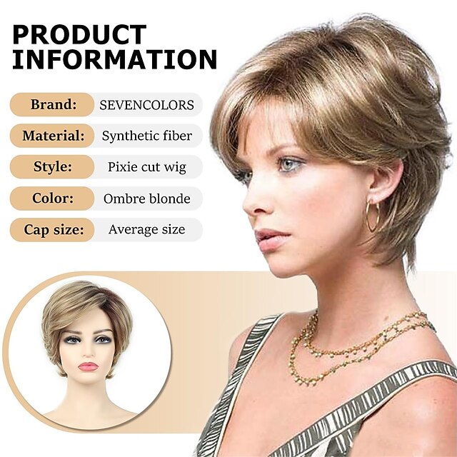 Women’s Short Blonde Pixie Cut Wig – Grey Curly Ombre Blonde Synthetic Hair – Heat Resistant