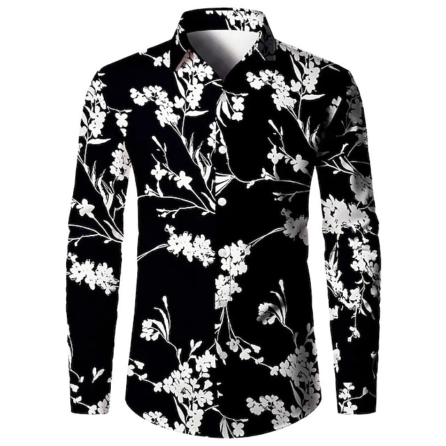  Men's Floral Shirt Button Up Shirt Long Sleeve Casual Daily Wear Going out Fall & Winter Turndown Print Button-Down Black Green