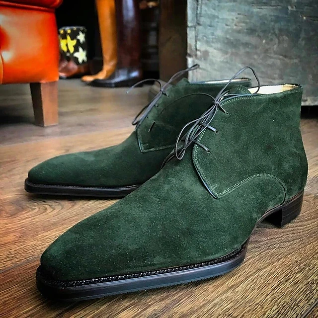 Men's Green Faux Suede Lace-Up Ankle Boots - Elegant and Stylish Footwear for Formal Occasions2