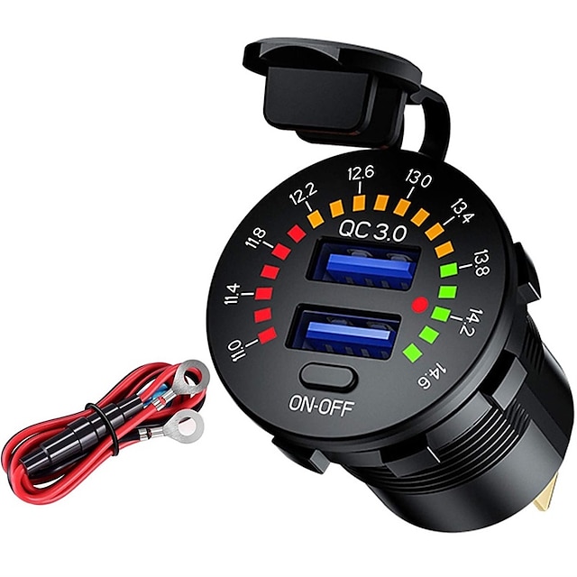  36W Dual USB QC3.0 Car Charger 12V USB Outlet Quick Charging Power Socket with Colorful Digital Voltmeter & ON/Off Switch & 10A Built-in Fuse for Vehicles Motorcycles Marine Boat ATV Bus Truck