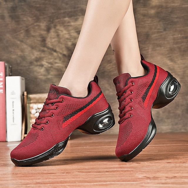  Women's Dance Sneakers Stylish Flat Heel Round Toe Lace-up Adults' Dark Red Black Red