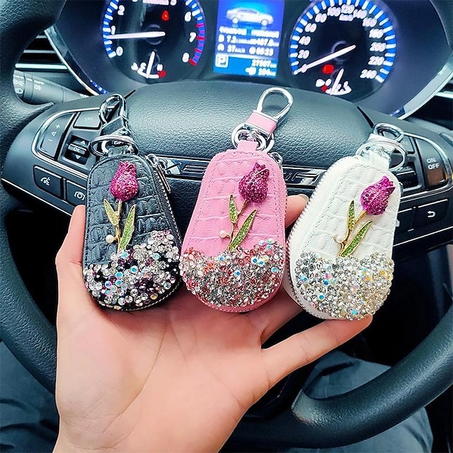  1ks luxusní květinový držák na klíče do auta úložné pouzdro křišťálové klíčenky kryt na klíče taška na klíče