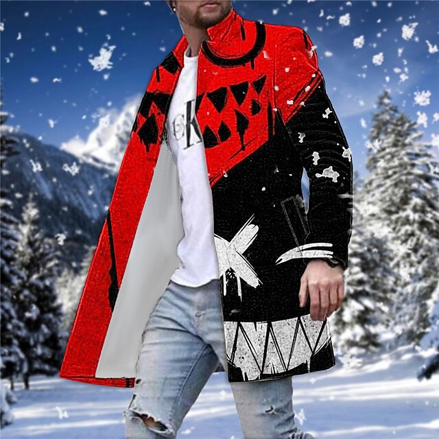 Men's Winter Coat Overcoat Coat Going out Weekend Print Fall & Winter Turndown Long Sleeve White Red Blue 6