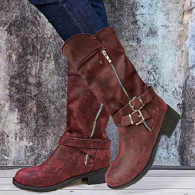 Women's Biker Mid-Calf Boots – Red Faux Leather Motorcycle Boots with Double Buckle Straps and Side Zipper, Perfect for Casual Fall Outfits, Outdoor Adventures, and Urban Streetwear 10