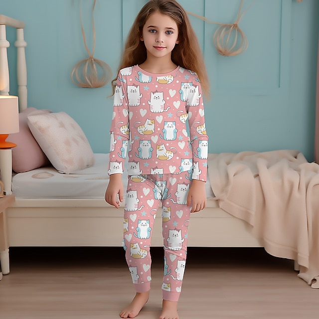  dívčí 3d kočičí pyžamový set růžový dlouhý rukáv 3d tisk podzim zima aktivní móda roztomilý polyester děti 3-12 let posádka krk domácí kauzální vnitřní regular fit