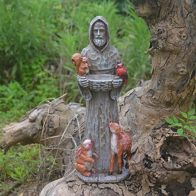  Mesa de pássaros da estátua de São Francisco - tigela de água para pássaros, suporte de mesa de pássaros de resina, escultura de banho de pássaros, mesa de pássaros de estátua de jardim, casa de