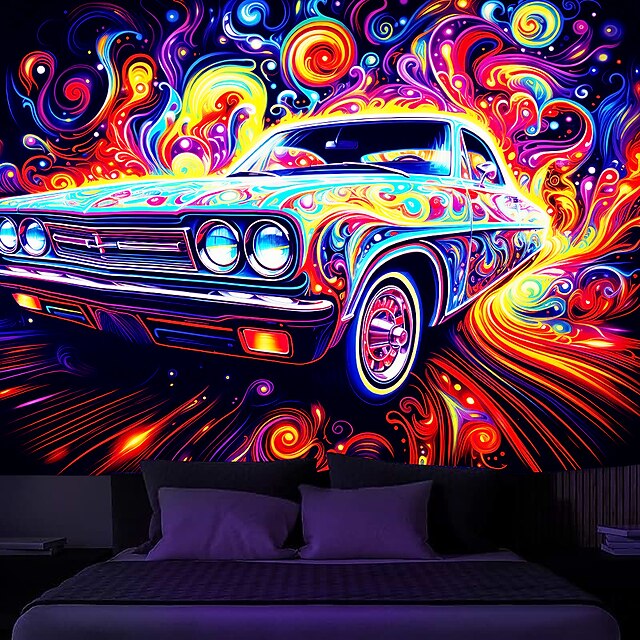  Blacklight Tapestry UV Reactive Glow in the Dark Vintage Car Trippy Misty Nature Landscape Hanging Tapestry Wall Art Mural for Living Room Bedroom
