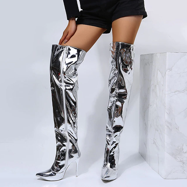 Women's Silver Over-the-Knee High Heel Boots with Zipper - Stylish and Shiny for Party and Fashion Wear 15