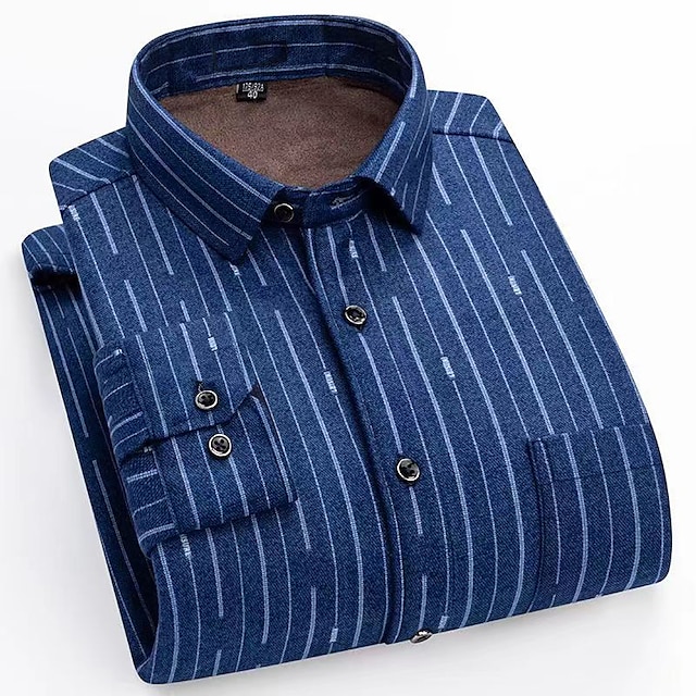  Men's Shacket Dark Navy Blue Light Grey Long Sleeve Plaid / Striped / Chevron / Round Classic Collar Fall / Winter New Year Vacation Clothing Apparel Print