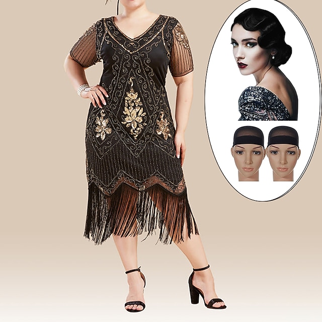  комплект с платьем-хлопушкой парик с волнистыми пальцами 2 шапочки для парика 3 предмета наряды ревущие 20-е годы 1920-е годы коктейльное платье винтажное платье большие размеры Великий Гэтсби
