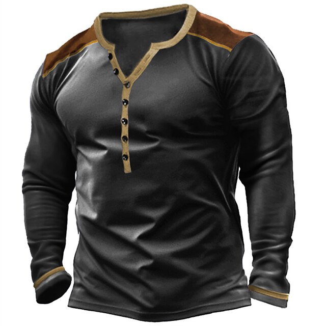 Men's Button T Shirt T Shirt Henley Shirt Tee Top Long Sleeve Henley Spring &  Fall Color Block Fashion Designer Basic Patchwork Vacation Street Going out Black Blue Army Green Top Tee for Men4