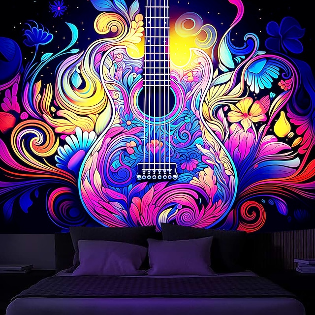  blacklight tapiserie UV reaktivní záře ve tmě kytara rock trippy mlhavá příroda krajina závěsná tapiserie nástěnná malba do obývacího pokoje ložnice