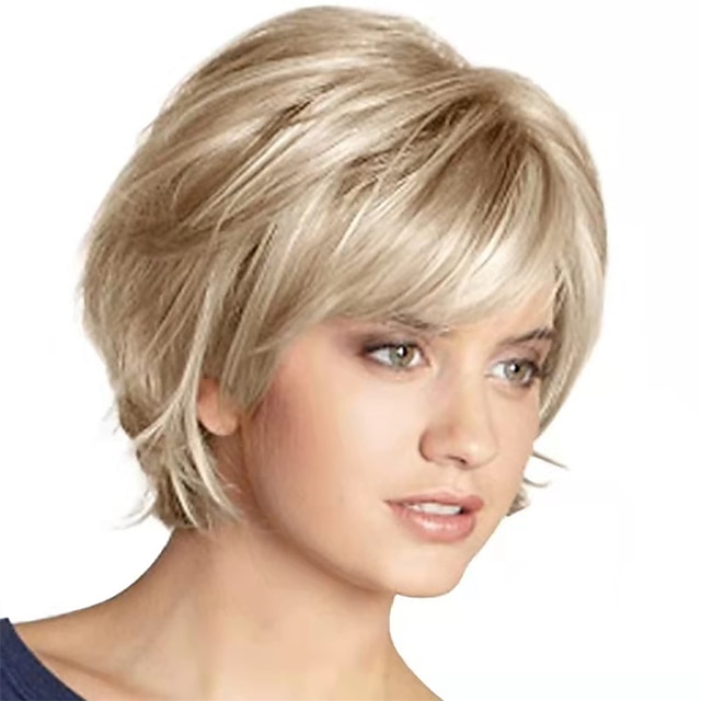  kort blond peruk med lugg blond mix bruna peruker för vita kvinnor naturligt fluffigt syntetiskt hår damperuker
