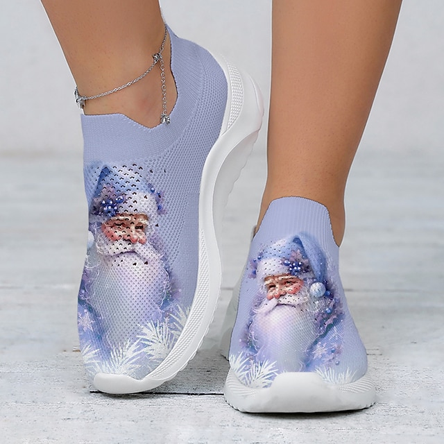  Women's Sneakers Slip-Ons Print Shoes Xmas Shoes Plus Size Outdoor Christmas Xmas Santa Claus Summer Winter Flat Heel Round Toe Closed Toe Fashion Casual Tissage Volant Loafer Pink Blue Light Purple